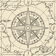 Vector banner with sign of compass wind rose in retro style. Illustration on the theme of travel, adventure and discovery on the background of old map