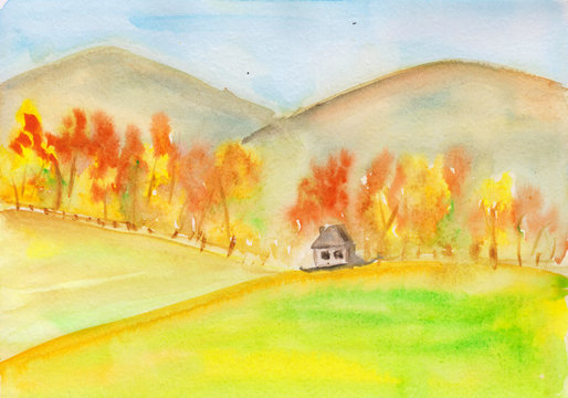 Autumn landscape with mountains, forest and a house in the field. watercolor illustration for prints, wallpapers, cards and banners