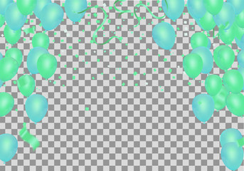 Colorful Happy Birthday. Announcement with balloon header background, confetti and gift box, design template for birthday celebration.