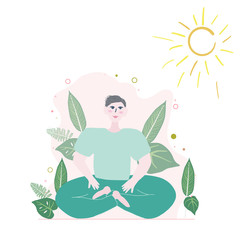 Asian man doing yoga on a sunny day in a park. Healthy living concept. White background.