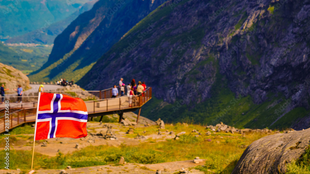 Wall mural norwegian flag and trollstigen viewing point