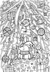 Hand drawing coloring for kids and adults. Merry Christmas and Happy New Year. Mouse. Rat. Christmas tree, decorations. Beautiful drawings with patterns and small details. One of a series of coloring