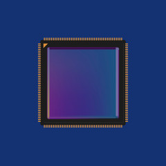 Modern square cpu microprocessor chip in blue tones. Isolated