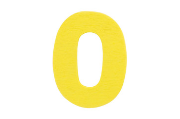 Yellow wooden number zero without shadow isolated on a white background.