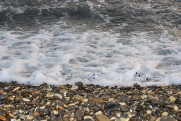 Landscape of waves on the beach and dry stones
