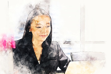 Abstract coloful Beautiful Asia woman business working job in the office on watercolor illustration painting background.