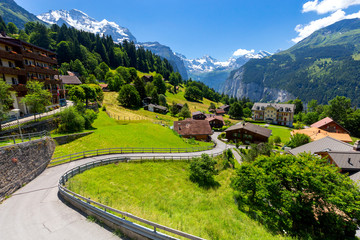View of the Swiss Alps near the city of Lauterbrunnen. Switzerland.