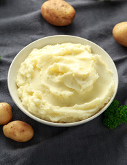 Mashed potatoes in white bowl. Healthy food