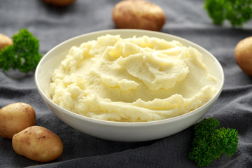 Mashed potatoes in white bowl. Healthy food