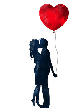 Kissing couple silhouette with heart shaped balloon. Valentines Day background