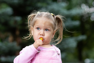 Beautiful child with lollipop in the summer park