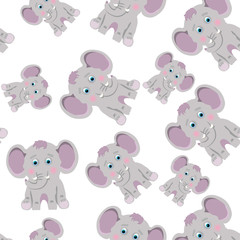 Cute grey elephants on white background. Seamless pattern with cartoon animals.