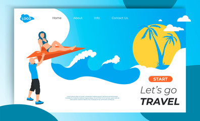 Landing page of Book ticket flight for travel agency web page design. Modern flat concept mobile tourism website. Vector illustration with man and girl trip on paper plane. Banner, poster template