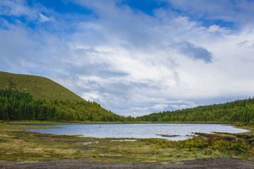 view of little lake Lagoa Rasa, Sao Miguel Island, Azores, Portugal