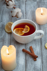 cinnamon, lemons, hot tea, warm scarf, burning candles, heather