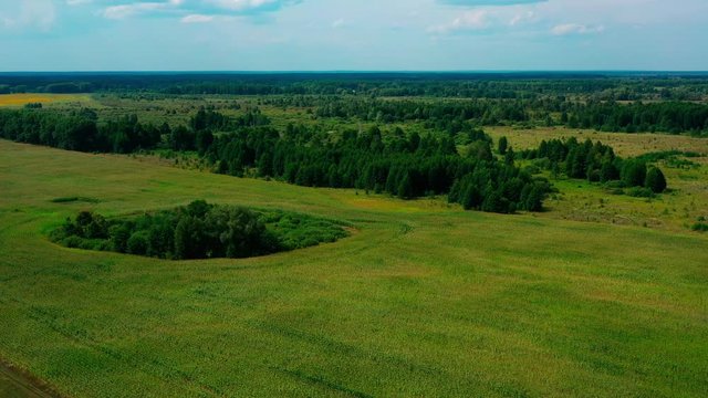 4K Drone. Aerial view of Desna, an urban-type settlement in Kozelets Raion, Chernihiv Oblast in northern Ukraine. Shot on a bright summer day with blue sky and few clouds.