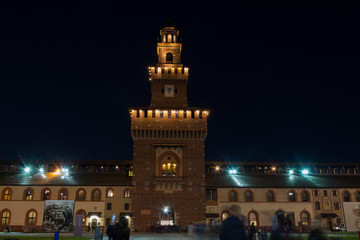 long exposure night Sforza Castle in Milan
