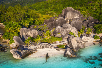 Aerial photo of Seychelles tropical beach Anse Source d'Argent at La Digue island, highlights Seychelles