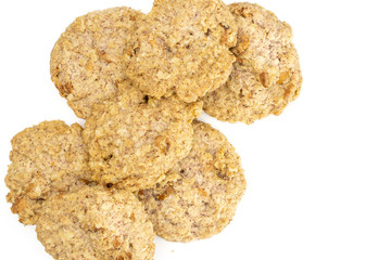 Lot of whole sweet oat crumble biscuit flatlay isolated on white background