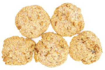 Group of five whole oat crumble biscuit flatlay isolated on white background