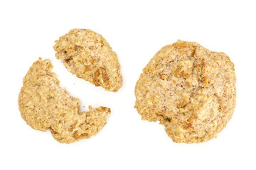 Group of one whole two halves of oat crumble biscuit flatlay isolated on white background