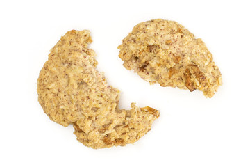 Group of two halves of oat crumble biscuit flatlay isolated on white background