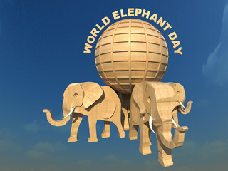 World Elephant Day support 3D illustration 1. A wooden sculpture of four elephant characters supporting the earth, perspective view, sky background. Collection.