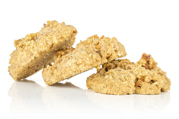 Group of three whole oat crumble biscuit in row isolated on white background