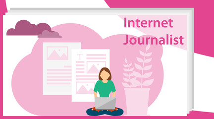 Internet journalist. A blogger is typing an article on a laptop. A woman keeps a blog. Vector