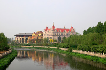Fototapeta na wymiar European style architectural landscape in a park, China