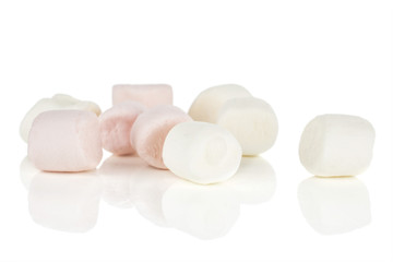 Lot of whole pink and white sweet fluffy marshmallow isolated on white background