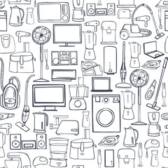 Hand drawn household appliances for home. Seamless vector pattern