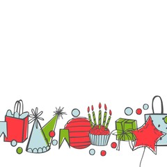 Vector birthday background. Garlands,paper Pom Poms, confetti, gifts, cake, sweets, balloons.