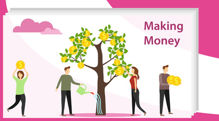 Making money. Mini people collect coins from a money tree and water it. Flat concept vector illustration of making