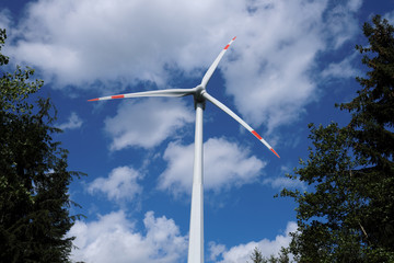 Wind turbines and trees in a forest - Stockphoto