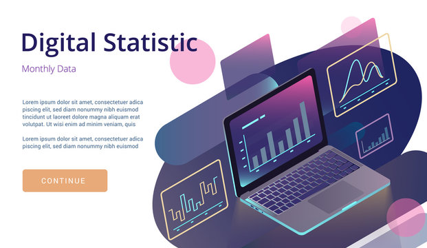 Laptop monitor with infographic elements.