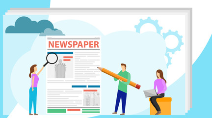 The journalist edits the text of the newspaper. Editing an article, censorship. Printed edition. Vector