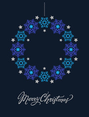 Christmas card with blue and silver snowflakes wreath on dark background - 283382414