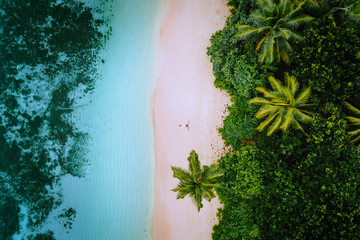 Aerial view of a young woman relaxing on the tropical paradise sandy beach surrounded by palm trees and crystal clear azure ocean shallow water