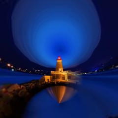 lighthouse at night with moon and stars