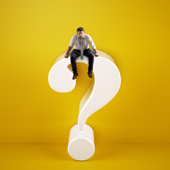 Man sitting on top of a big white question mark on a yellow background