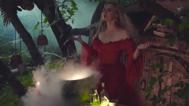 old evil forest sorceress creates a potion of eternal beauty and instantly rejuvenates, the curvy blond hair of a woman in a gorgeous red dress flying off to the west