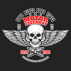Custom motorcycles .Poster template with winged skull. Design element for poster, flyer, card, banner. Vector illustration
