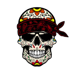 Mexican sugar skull in bandana. Design element for poster, t shirt, card, banner. Vector illustration