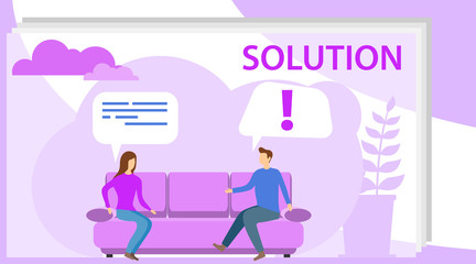 Solution to the problem. A man and a woman are sitting on a sofa and solving a problem. Thinking out loud. Vector illustration of a problem solving