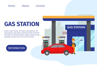 Gas filling station vector web site template. Transport fuel and benzine related service building, red car and cartoon worker illustration. Gasoline, petrol and gas station with shop.