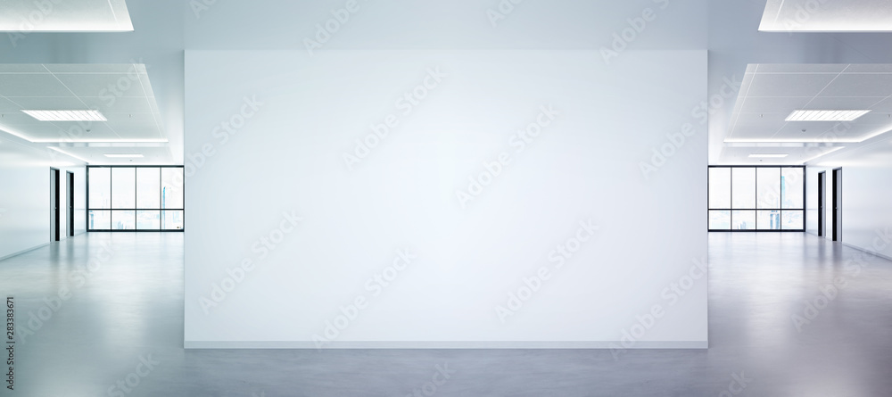 Aufkleber blank wall in bright office mockup with large windows and sun passing through 3d rendering