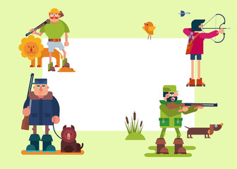 Hunters characters vector cartoon illustrations. Various hunter with riffle, gun, bow and animals. Safari hunting with lion, forest hunt and bear and duck shooting frame.