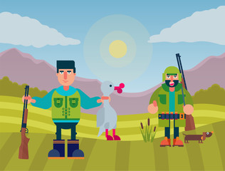 Hunting ducks cartoon hunters vector illustration. Hunt with dogs and gun. Dog and shooters men with guns and shooted duck.