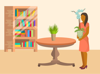 Woman arranging home plants and flowers in room furnished with table and book shelves vector illustration in flat cartoon style. Woman spending time at home.